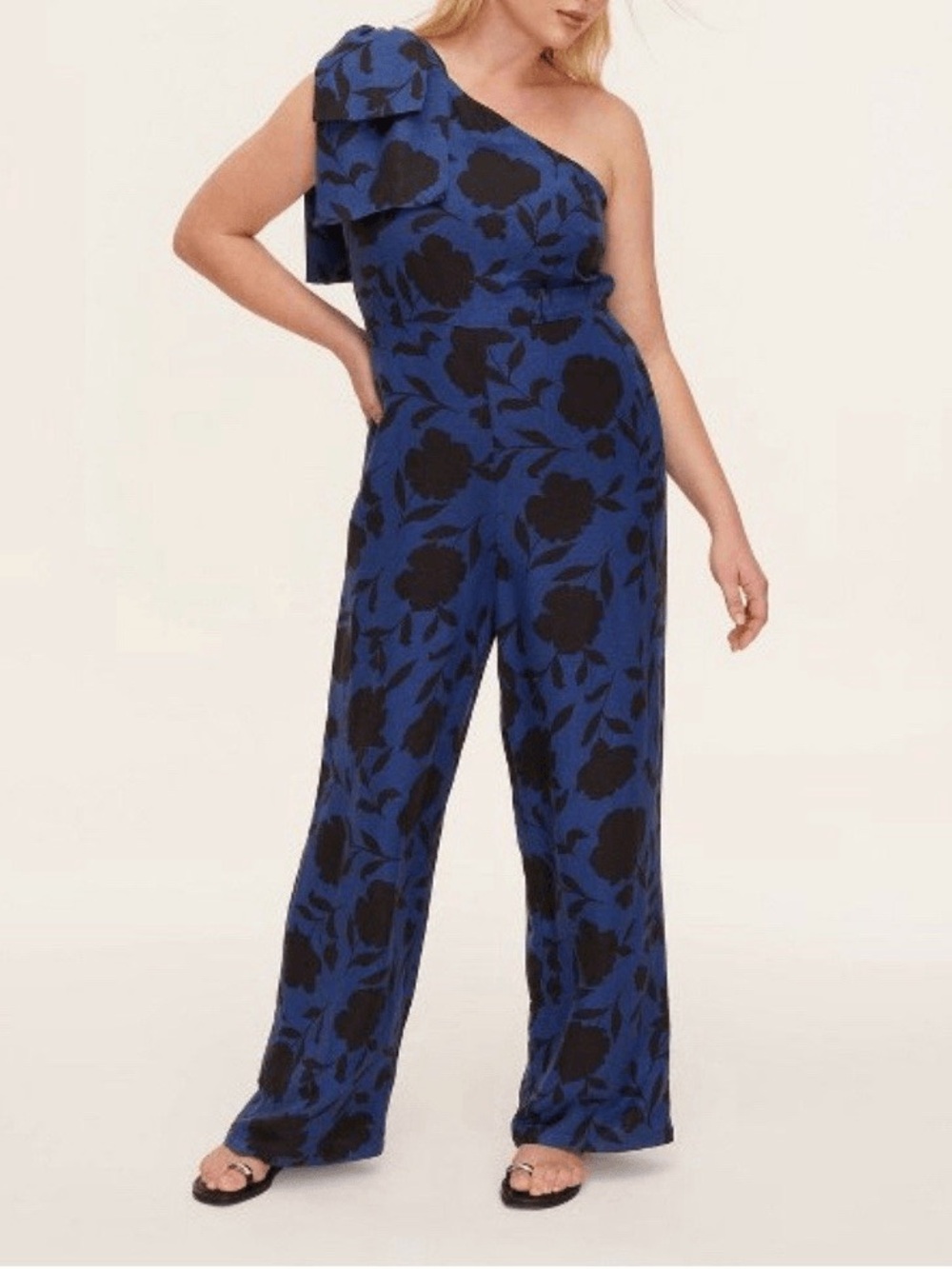 Kate Spade Target Blue Floral One-Shoulder Zipper Bow Wide Legs Jumpsuit Sz 0